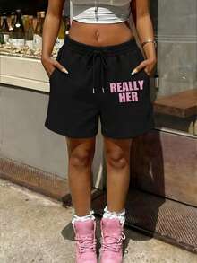 Rovax Women's Casual Letter Print Shorts, Summer - Multicolor - View 3