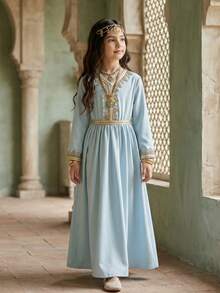 SHEIN Gaun Anak Perempuan Lengan Panjang Gaya Timur Tengah, Biru Muda, Musim Gugur, Elegan, Modis, Bergaya, Nyaman, Santai, untuk Pesta di Luar Ruangan - Baby Blue - View 5