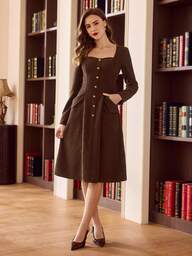 Vintamour Vintage Classic Elegant Women's Dress, Autumn/Winter Fitted Square Collar Dress, Metal Button Dress, Corduroy Dress, Coffee Brown Dress