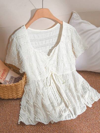 CosyJoli Plus Size Women's Cute Flutter Sleeve Top Plus Size Women's Cute T-Shirt Lace Trim Blouse Summer Tops Women Tops Women Summer Knit Tops Spring Outfit Women Spring Shirt For Women