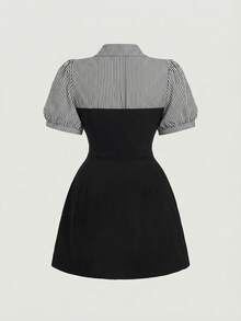 SHEIN MOD 大码蓝白条纹拼接黑色优雅通勤二合一连衣裙套装 - 黑與白 - 查看 2