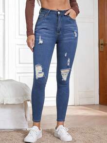 SHEIN PETITE 女士高腰口袋做旧修身休闲百搭牛仔裤 - 深色水洗藍 - 查看 5