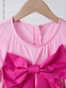 SHEIN Tween Girl Color Block Bow Accent Flutter Sleeve A-Line Dress, Fuchsia,Kids - Baby Pink - View 9