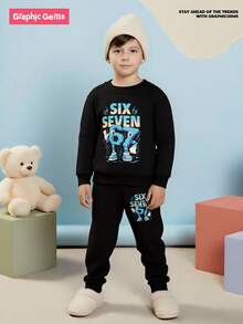 舒适秋冬男童休闲时尚创意个性清新可爱简约酷炫卡通人物67号闪电图案字母标语印花宽松圆领卫衣和运动裤套装，舒适穿搭 - 黑色 - 查看 6