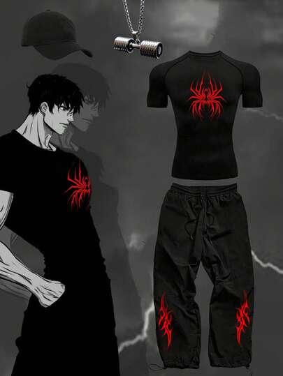 Manfinity Sport Corelite Men's Spider Print Raglan Short Sleeve T-Shirt And Pants Sports Suit