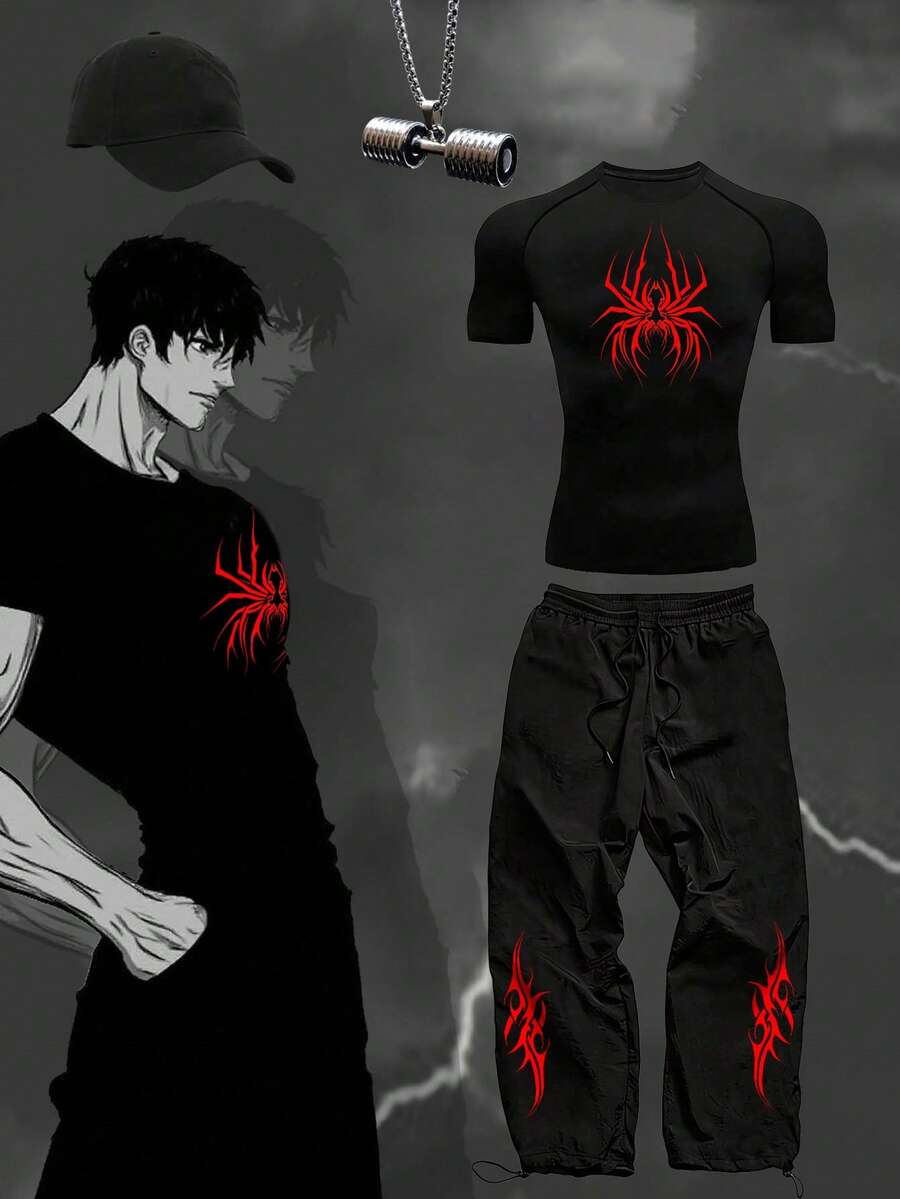 Manfinity Sport Corelite Men's Spider Print Raglan Short Sleeve T-Shirt And Pants Sports Suit - Black - View 1