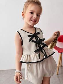 Maija Kids 少女休闲简约舒适圆领无袖撞色蝴蝶结荷叶边下摆上衣和短裤套装 - 卡其色 - 查看 5