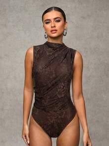 SHEIN BAE Black Lace Sleeveless Open Shoulder Ruched Bodysuits, Autumn, Halloween - Coffee Brown - View 4