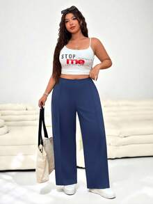 Solflare 女士大码纯色简约直筒办公裤，适合毕业季、返校季、教师秋冬装扮。 - 霧霾藍 - 查看 5