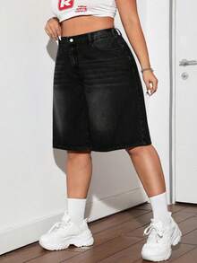 SHEIN ICON Blue Plus Size Denim Shorts Street Sexy Loose Pants Y2k Diagonal Pocket Denim Capris - Black - View 4