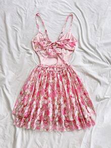 Soleia Váy ngắn chữ A hai lớp in họa tiết hoa hồng lãng mạn dành cho nữ, chất liệu voan mềm mại, cổ chữ V, khoét lưng, xếp nếp, gợi cảm, thích hợp cho kỳ nghỉ, tiệc tùng, hẹn hò, ngày lễ tình nhân, trà chiều - Nhiều màu - Xem 2