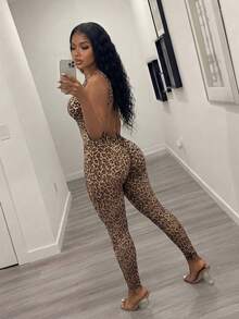 Slaydiva New Spring/Summer Music Festival Valentine's Day Casual And Simple Basic Style Y2K Street Sweet Internet Sensation Bestseller Daily Date Hot Girl Style Sexy Round Neck Large Backless Slimming Long Pants Leopard Print Women's Tight Jumpsuit -B Bodycon Jumpsuit Sexy Jumpsuit Animal Print Jumpsuit Leopard Jumpsuit Cheetah Print  Sexy Jumpsuit For Women - Multicolor - View 8