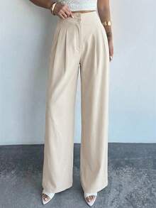 Firerie 女士优雅休闲阔腿裤，杏色纯色高腰褶裥宽松长裤，时尚百搭，新款春夏裤装，度假裤 - 杏色 - 查看 5