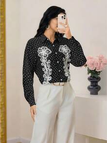 Modelyn Fashionable New Polka Dot Embroidered Black Blouse For Women - Black - View 1