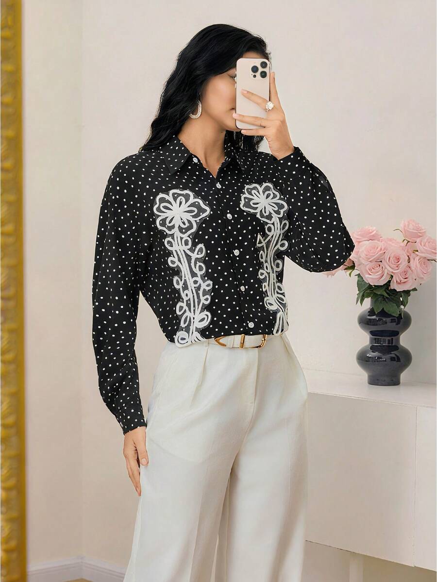 Modelyn Fashionable New Polka Dot Embroidered Black Blouse For Women - Black - View 1