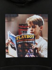 Open Phase 1pc Thermal Lined Graphic Hoodie For Men, Home Alone Themed Funny Print, Long Sleeve Casual Pullover Sweatshirt, Retro Style, Loose Fit Top - Black - View 5