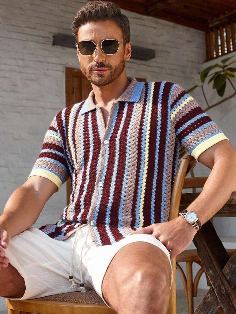 Manfinity RSRT Men's Blue And White Stripe Hollow-Out Crochet Top
