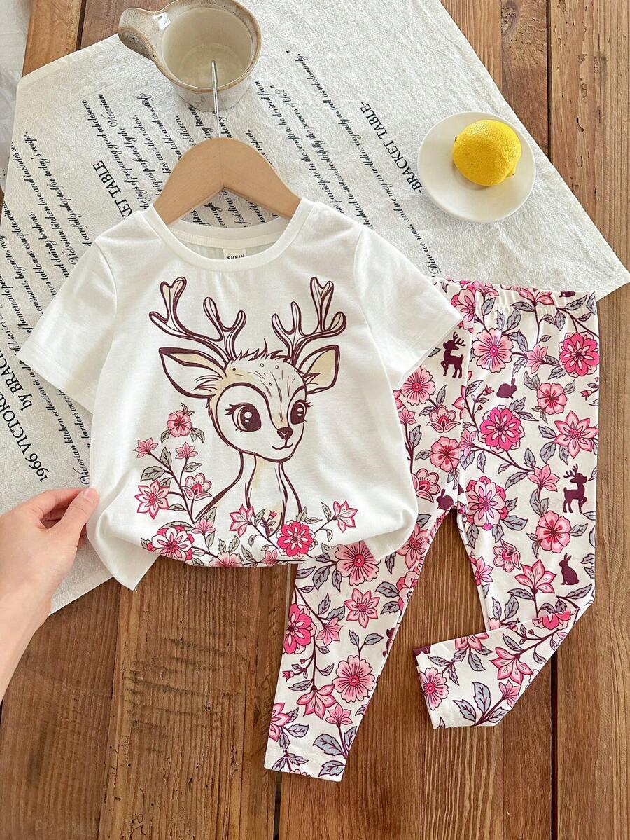SHEIN LMoss  Baby Girl Cartoon Deer Print Round Neck Short Sleeve T-Shirt And Pants Casual Outfit - Multicolor - View 1