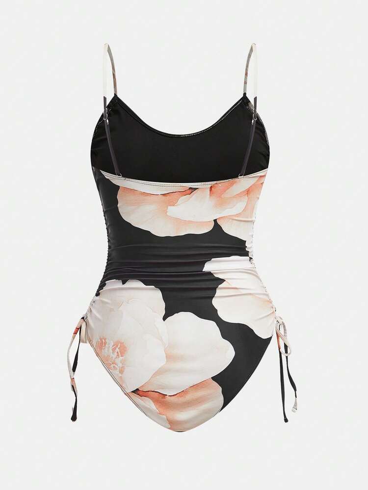 SHEIN Maija Women's Floral Print Ruched Casual Vacation Spaghetti Strap One-Piece Swimsuit ,Summer Vacation