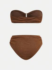 Maija Conjunto de Maiô Bikini Sexy com Bandô Franzido de Cor Sólida para Mulheres - Castanho - Visão 7