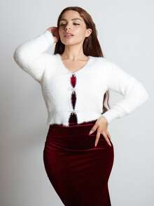 Lupita Cardoza 约会之夜水钻蝴蝶结前蓬松针织马海毛开衫，秋冬上学上衣 - 白色 - 查看 3