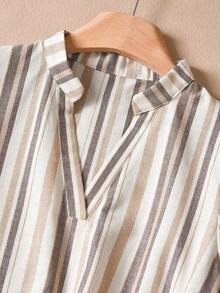 Rusticease 条纹复古V领短袖衬衫和阔腿裤休闲两件套女装 - 彩色 - 查看 5