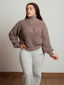 Lupita Cardoza 半拉链落肩纹毛衣、长袖上衣、秋冬针织毛衣 - 棕色 - 查看 5