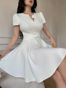Celisse Elegant French Style Waist Cinching Bow Design Women Dress - White - View 3
