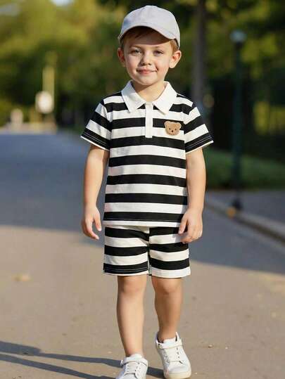 Playful Pals Summer New Striped Casual Short Sleeve Set, Polo Collar Short Sleeve Top + Shorts, 2pcs Young BoyOutfit