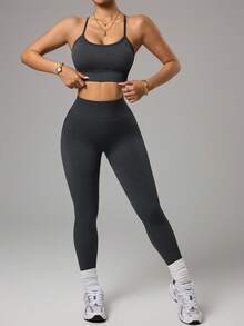 Slayform 2pcs/Set Racerback Sports Bra & High Waist Leggings Set, Seamless Ribbed Fabric, Comfortable Yoga & Fitness Outfit,Gym Set - Dark Grey - View 4