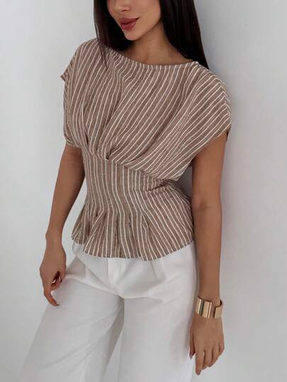 Aloruh Women's Elegant Round Neck Casual Striped Short-Sleeved Shirt, Women's Casual Shirt, Striped Shirt, Everyday Casual Commuting Top, Apricot Top, Short-Sleeved Top, Everyday Outing Top. Coffee Brown Top Stripe Top Cinched Waist Top