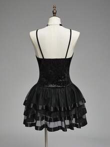 ROMWE Spring/Summer Gothic Palace Style Luxurious Princess Cake Skirt Bow Strap Black Dress, Plus Size Dress, Sweet & Cool Dark Goth Elegant Gothic Dress  Valentine's Day Party - Black - View 2