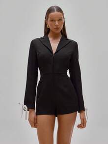 MUSERA Woven Tailored Bow Detail Long Sleeve Playsuit Party Sexy Night Out Elegant Occasion Valentines Bridal Wedding Engagement - Black - View 5