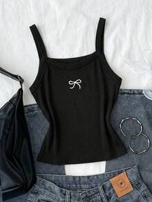 SHEIN 少女灰色针织蝴蝶结刺绣吊带背心，迷你甜美休闲款，春夏基础款，日常百搭，适合返校季 - 黑色 - 查看 8