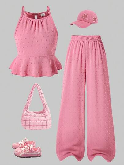 SHEIN ChillGRL Tween Girl 2-Piece Set, Featuring Unique Cut-Out Design Pink Sleeveless Halter Neck Tank Top And Loose Straight Leg Pants, Suitable For Casual Outings, Leisure Vacations, And Sweet Outfit, Ideal For Spring And Summer