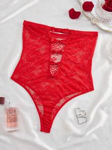 SHEIN Women Bow Decor Hollow-Out Sexy Lace Bodysuit Bowknot For Going Out, Baddie Look - Red - View 4