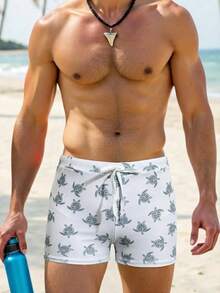 Manfinity Swimmode 男士休闲海龟印花弹力腰带泳裤，适合泳池和海滩穿着 - 彩色 - 查看 1