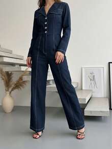 Modelyn Women's Front Button Long Sleeve Jumpsuit, Navy Blue - Blue - View 4