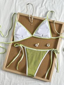 Swim Basics 女士夏季沙滩花卉饰边露背系带性感比基尼泳装套装 - 綠色 - 查看 2