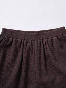 SHEIN Tween Girl Solid Brown Textured Knit Side Ruched Short Sleeve Fitted T-Shirt And Wide Leg Pants Casual 2-Piece Set - Brown - View 8