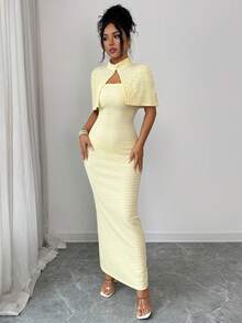 Elenzga Rhinestone Embellished Strapless Waist Cinched Bodycon Elegant Romantic Party Dress For Women - Light Yellow - View 4