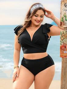 Swim Lushoire Plus Size Women 2pcs Solid Color Ruffle Sleeve Criss-Cross Front Top & Triangle Bottoms Backless Bikini Swimwear - Black - View 5
