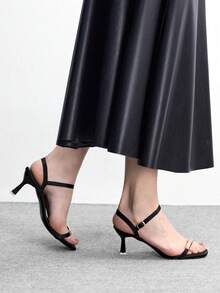 CUCCOO BIZCHIC 女款夏季新款金屬帶方頭露趾細高跟時尚通勤黑色緞面高跟涼鞋 約會戶外穿搭 - 黑色2 - 查看 5