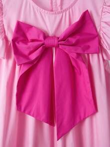 SHEIN Tween Girl Color Block Bow Accent Flutter Sleeve A-Line Dress, Fuchsia,Kids - Baby Pink - View 12