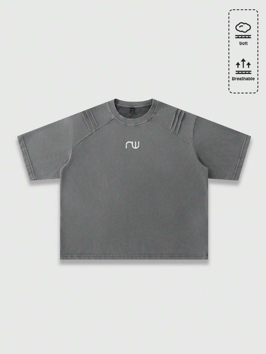 ROMWE MEN 男士做旧水洗宽松短袖T恤 - 灰色 - 查看 1