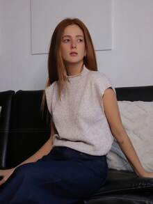 SILVIA DI SANTO 优雅高领宽松休闲百搭无袖针织毛衣背心外出上衣女秋冬上学上衣 - 杏色 - 查看 6