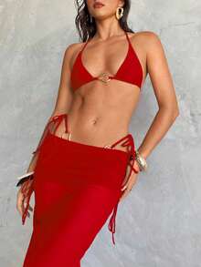 Aloruh 女士三件套比基尼套装，性感优雅浪漫红色金属装饰迷你三角罩杯挂脖上衣，迷你丁字裤下装，另配长款纱笼罩衫，春夏度假比基尼套装 - 紅色 - 查看 5