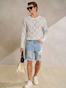 Manfinity CityGents Light Grey Men's Regular Length Partywear Sweater Featuring See-Through Diamond Pattern And Rib-Knit Wrist-Length Sleeves - Light Grey - View 4