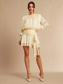 Silquee 女士纯色打结褶皱优雅长袖短裙 - 杏色 - 查看 3