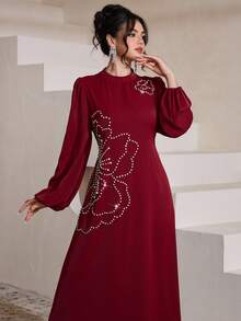 Al Najma Burgundy Elegant Beaded Lantern Sleeve Flared Hem Dress, Slimming, Spring/Summer - Burgundy - View 4
